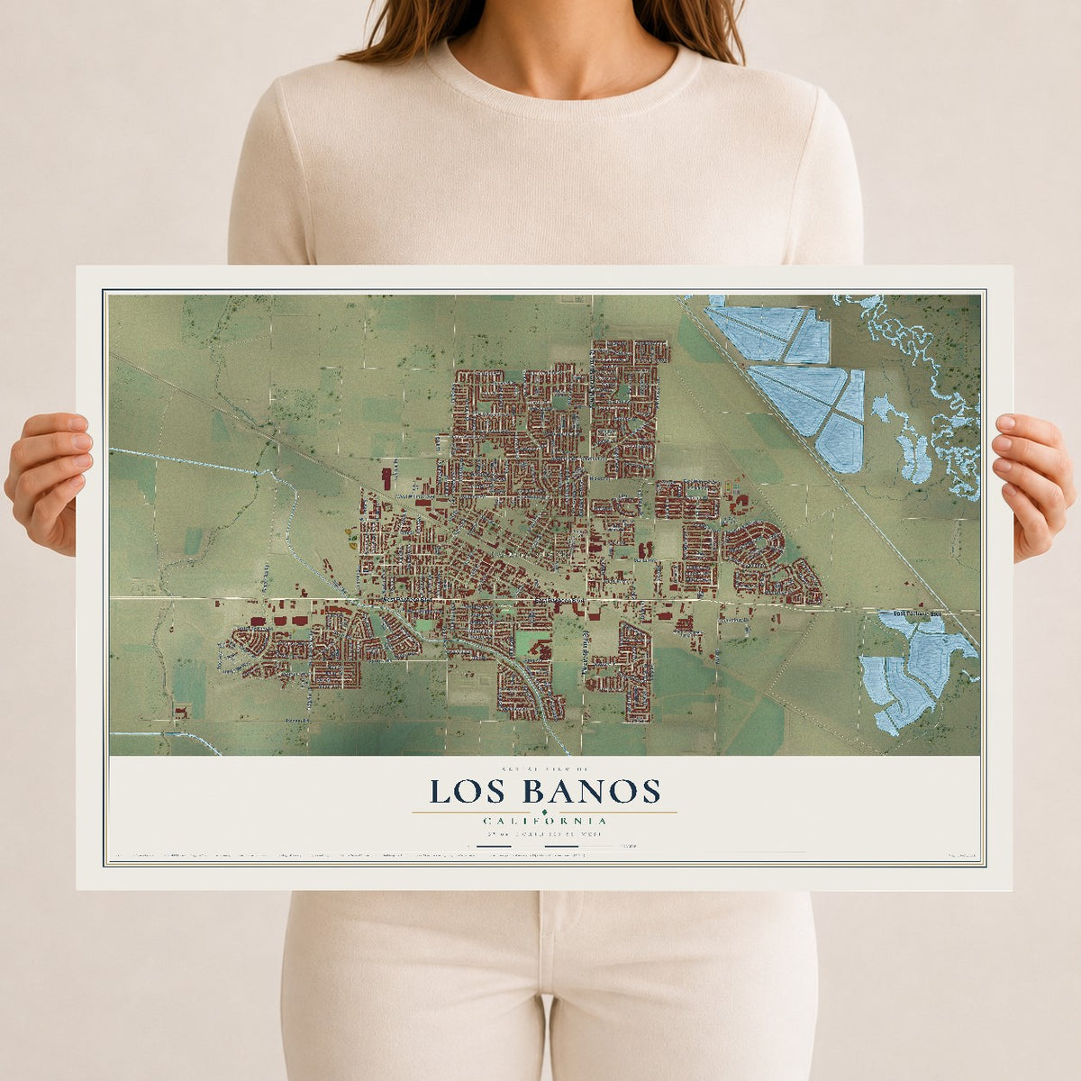 Map of Los Banos, California, 12 x 18 inch unframed archival matte print