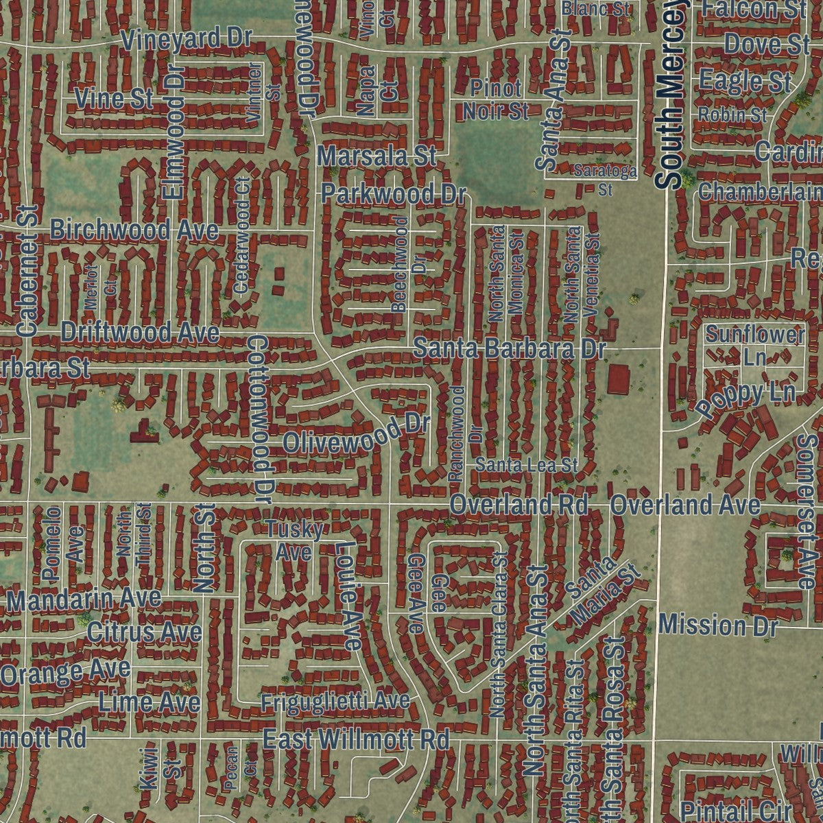 Close-up of the map of Los Banos, California print showing street and building detail