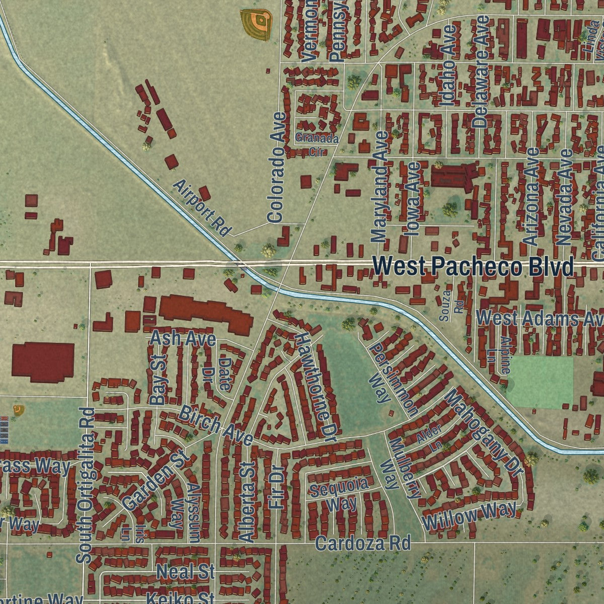 Second close-up of the map of Los Banos, California print showing more streets and buildings