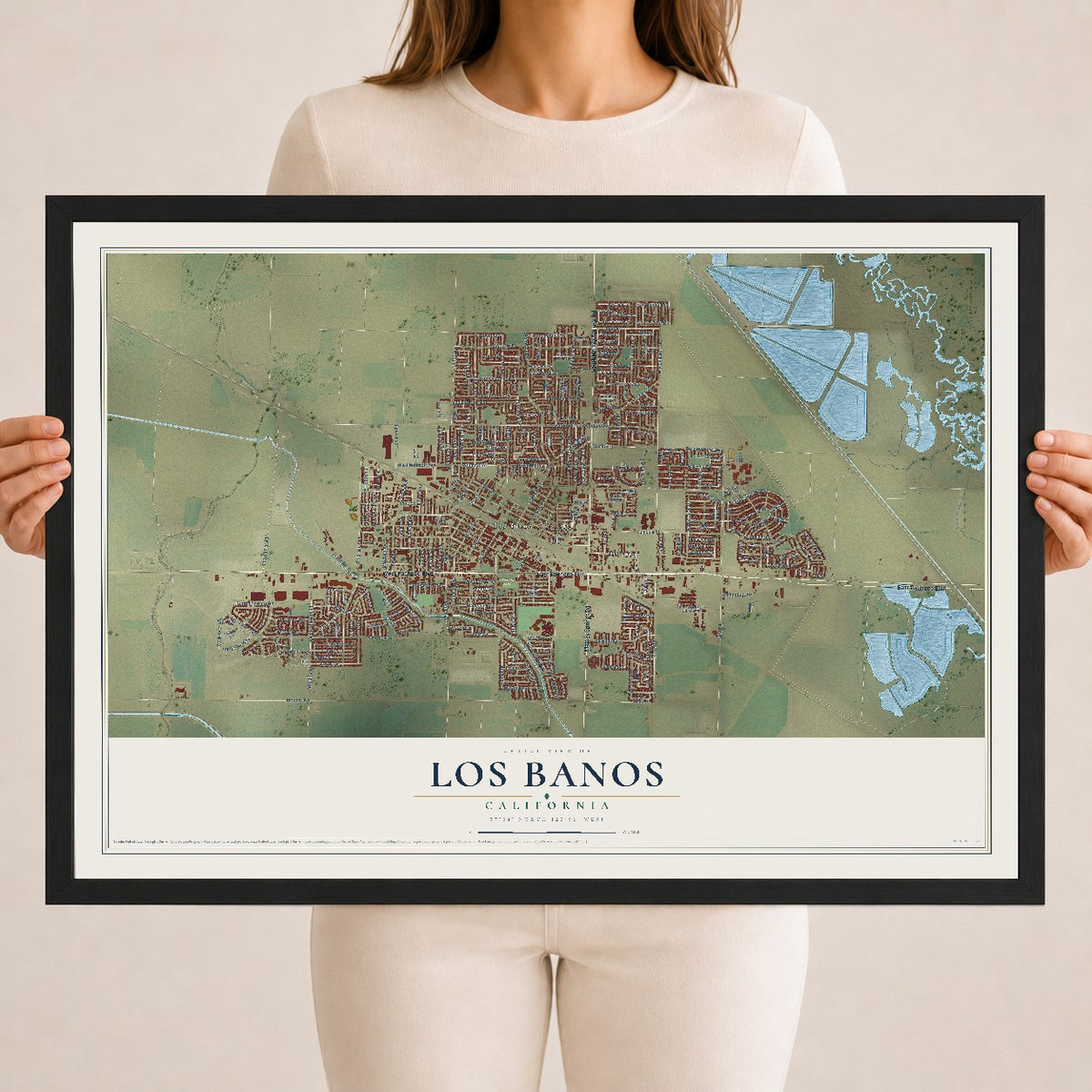 Map of Los Banos, California, 18 x 24 inch print in a black wood frame