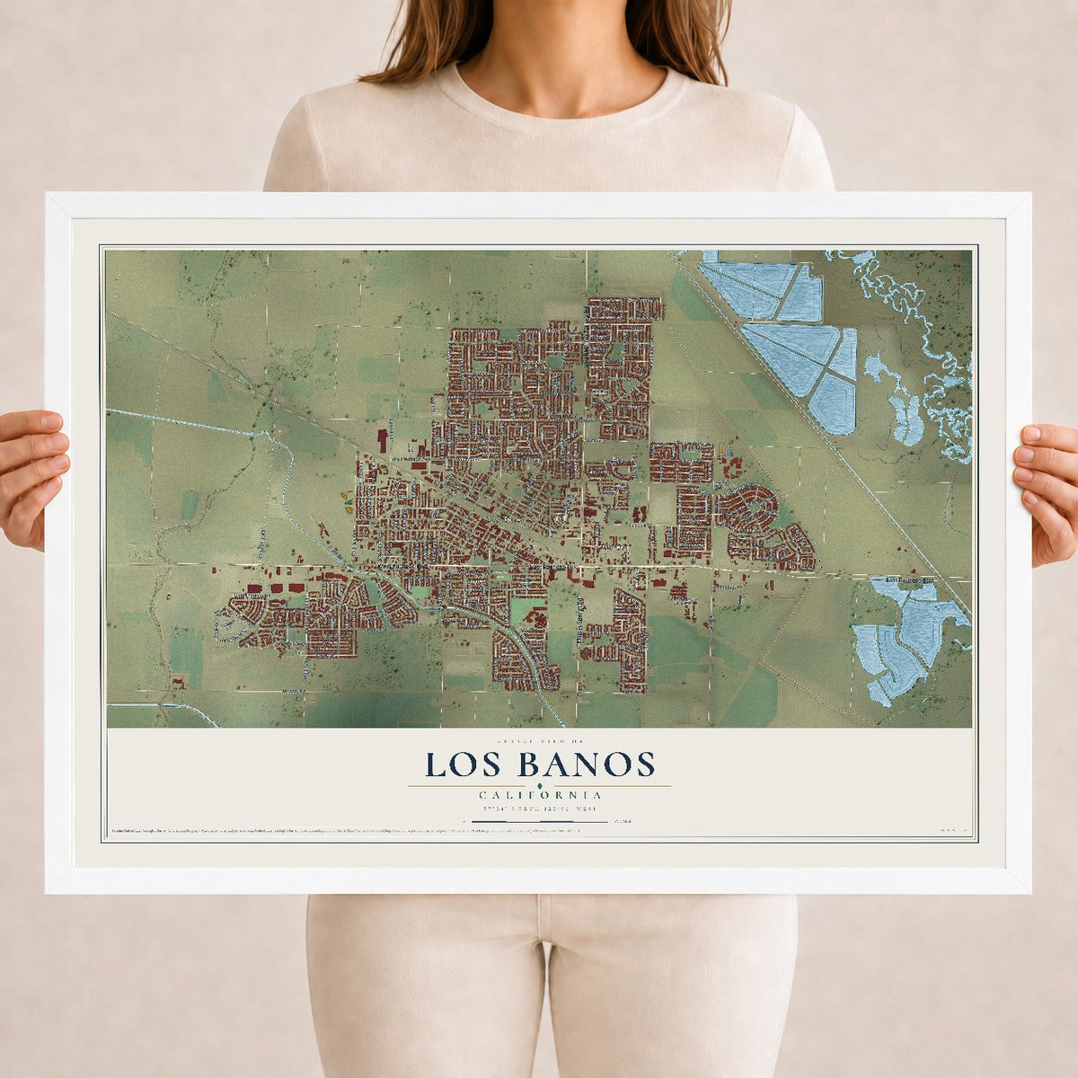 Map of Los Banos, California, 18 x 24 inch print in a white wood frame