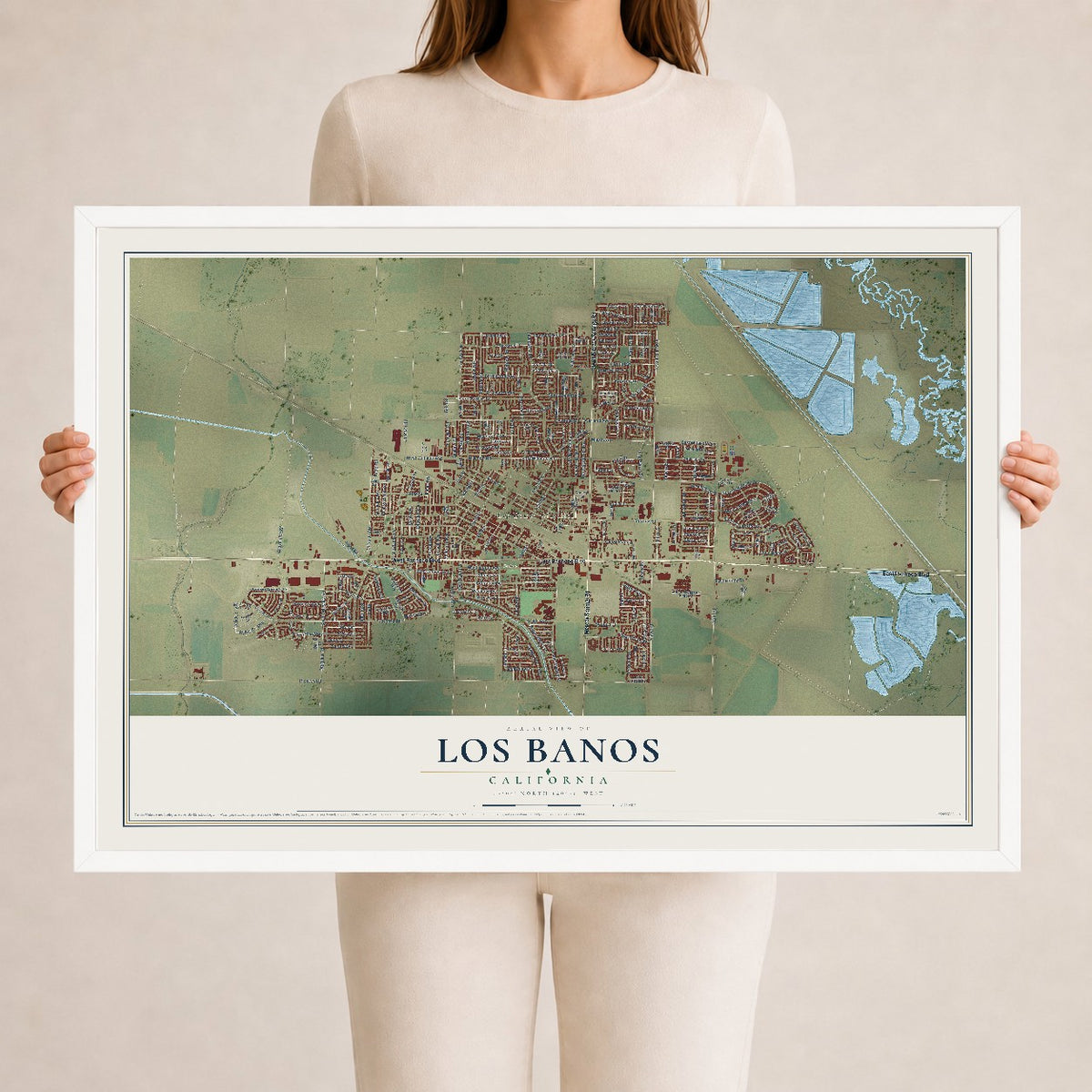 Map of Los Banos, California, 24 x 36 inch print in a white wood frame