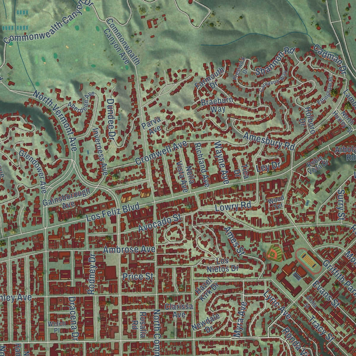 Close-up of the map of Los Feliz, California print showing street and building detail