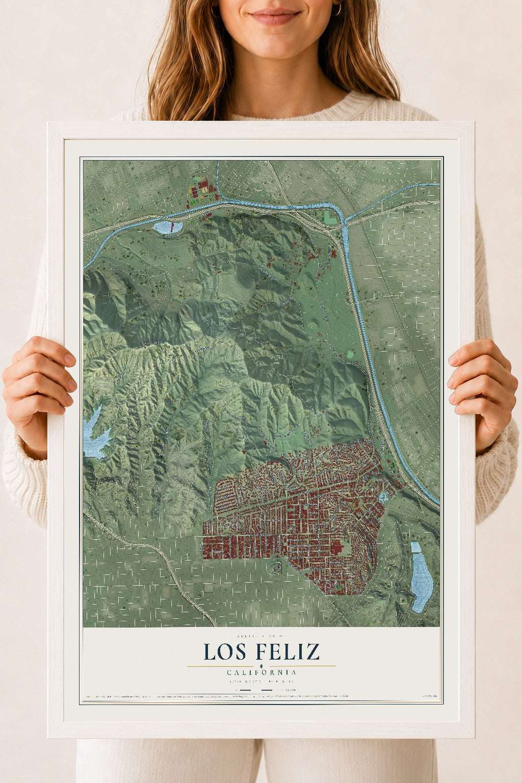 Map of Los Feliz, California, 18 x 24 inch print in a white wood frame