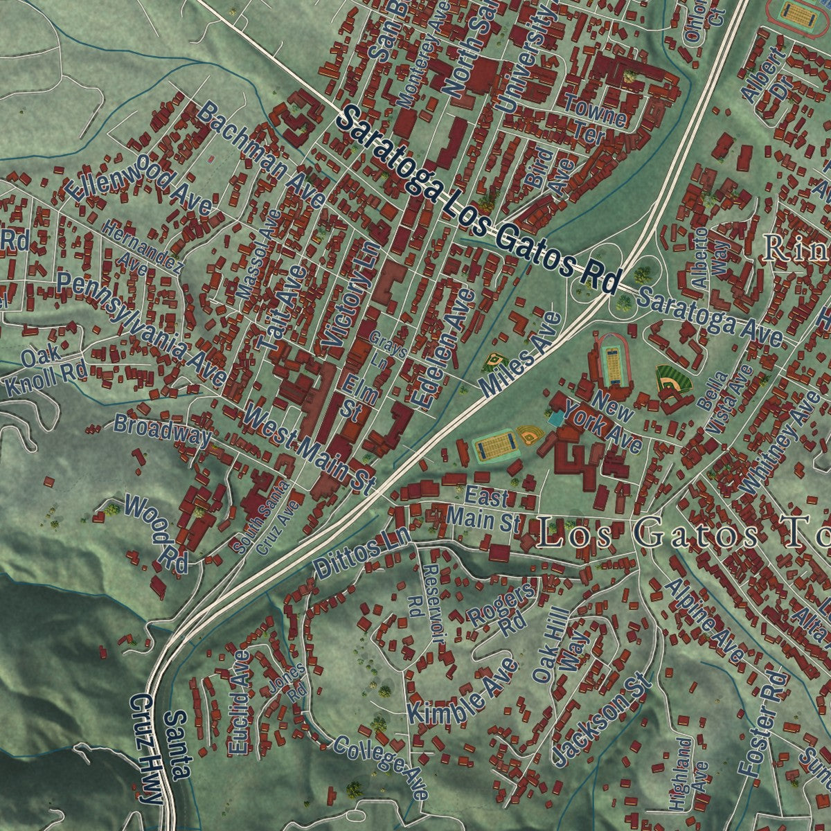 Close-up of the map of Los Gatos, California print showing street and building detail