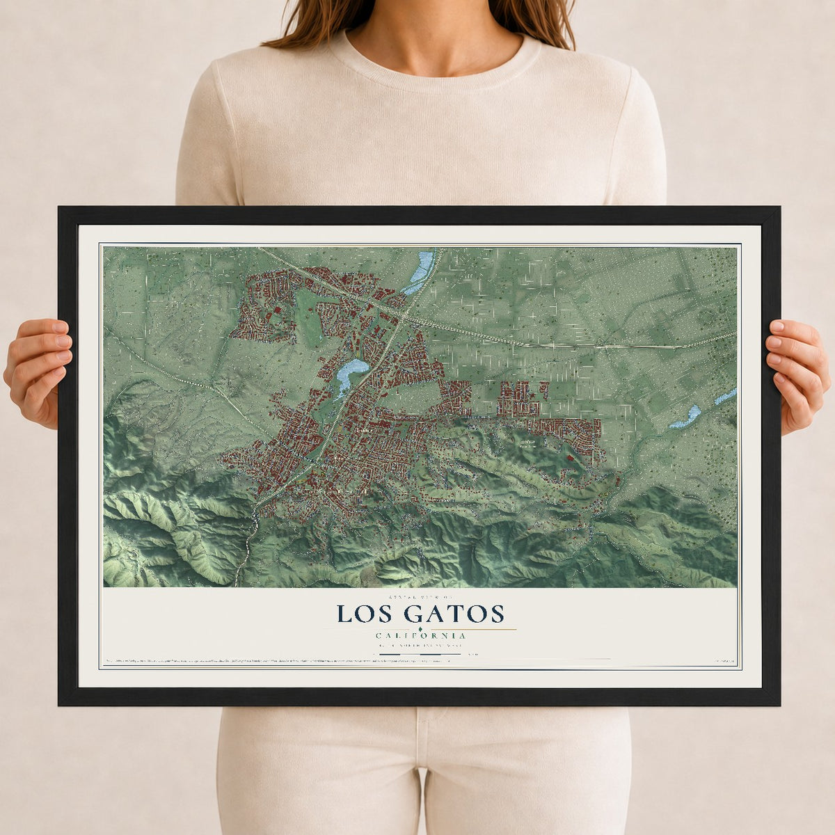 Map of Los Gatos, California, 12 x 18 inch print in a black wood frame