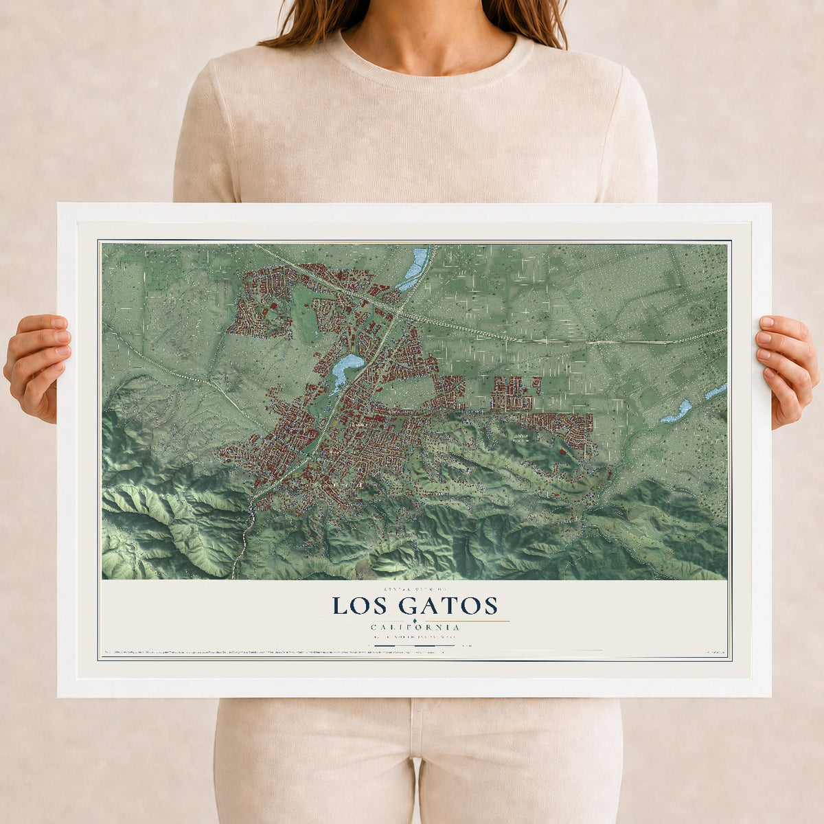 Map of Los Gatos, California, 12 x 18 inch print in a white wood frame