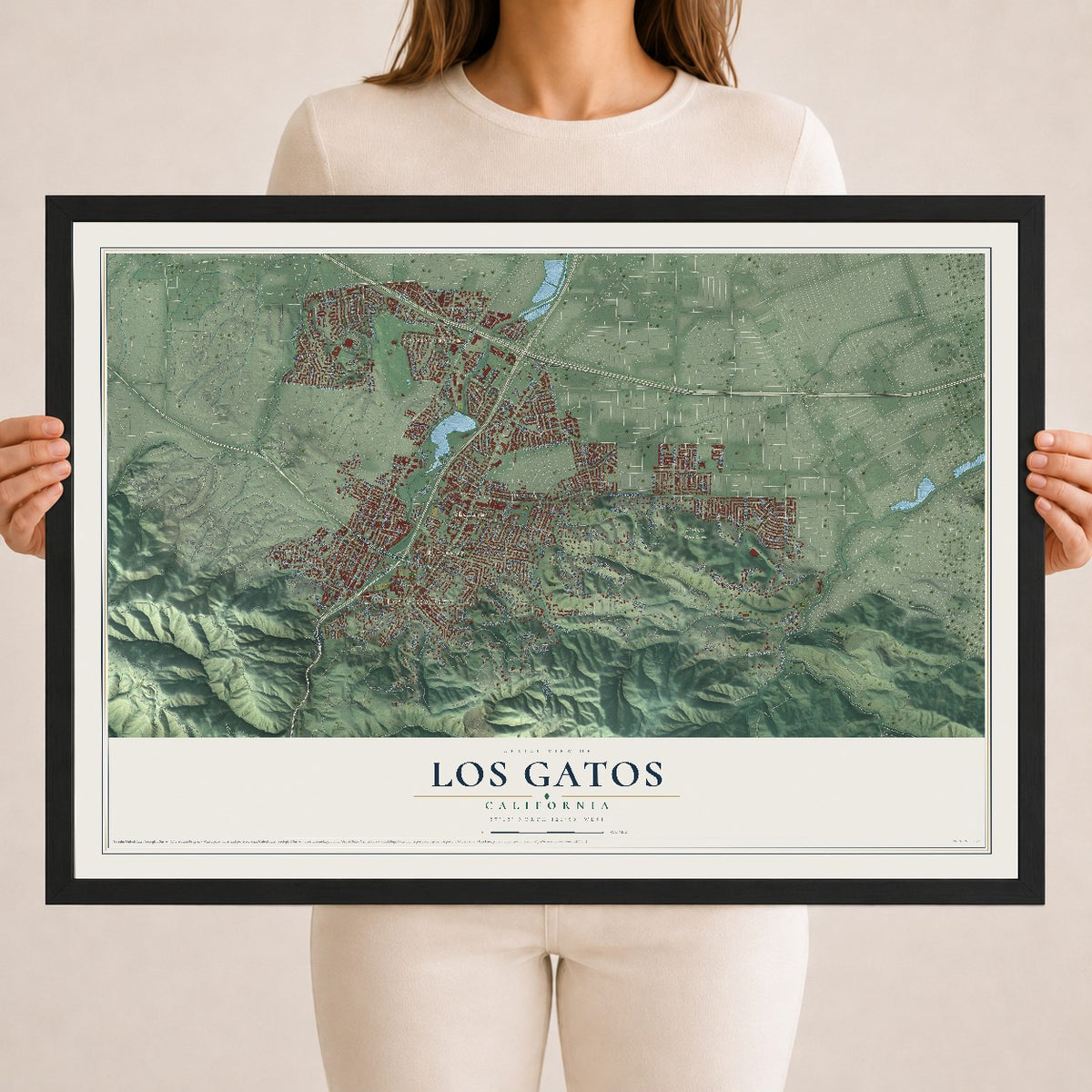 Map of Los Gatos, California, 18 x 24 inch print in a black wood frame