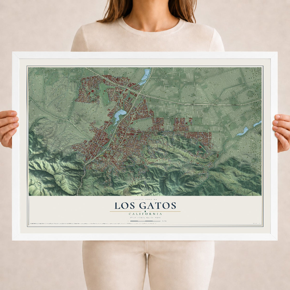 Map of Los Gatos, California, 18 x 24 inch print in a white wood frame