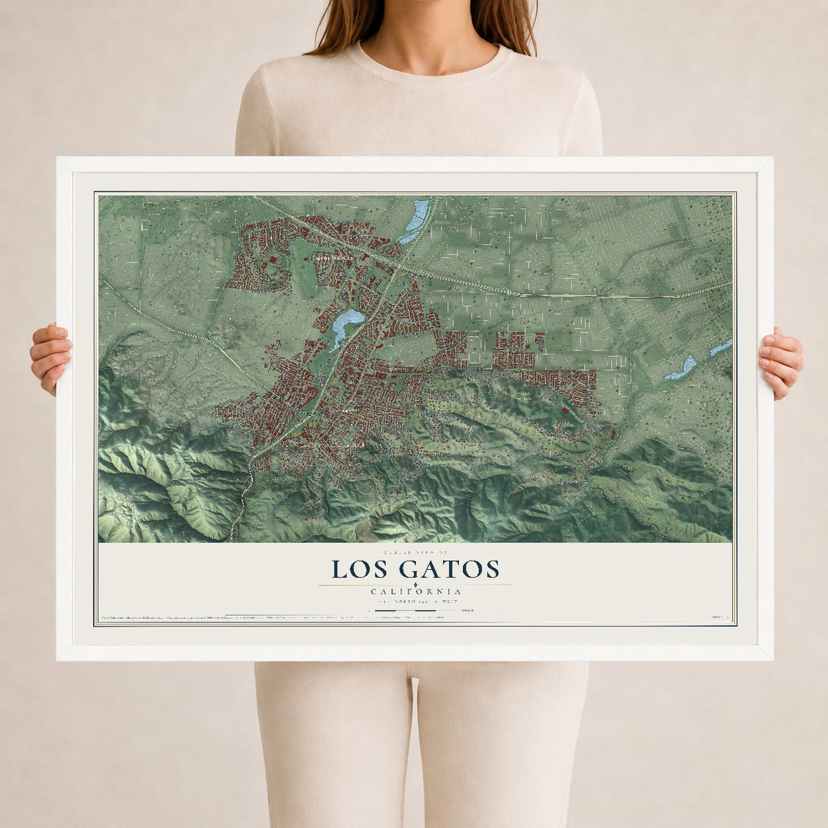 Map of Los Gatos, California, 24 x 36 inch print in a white wood frame