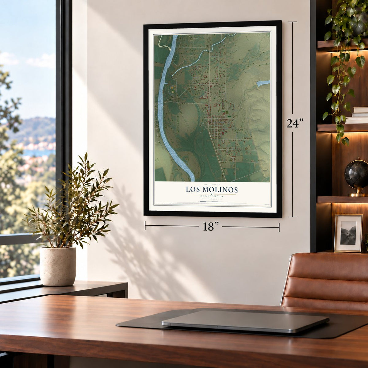 Los Molinos, California map, 18 x 24 inch print in a black frame in a home office