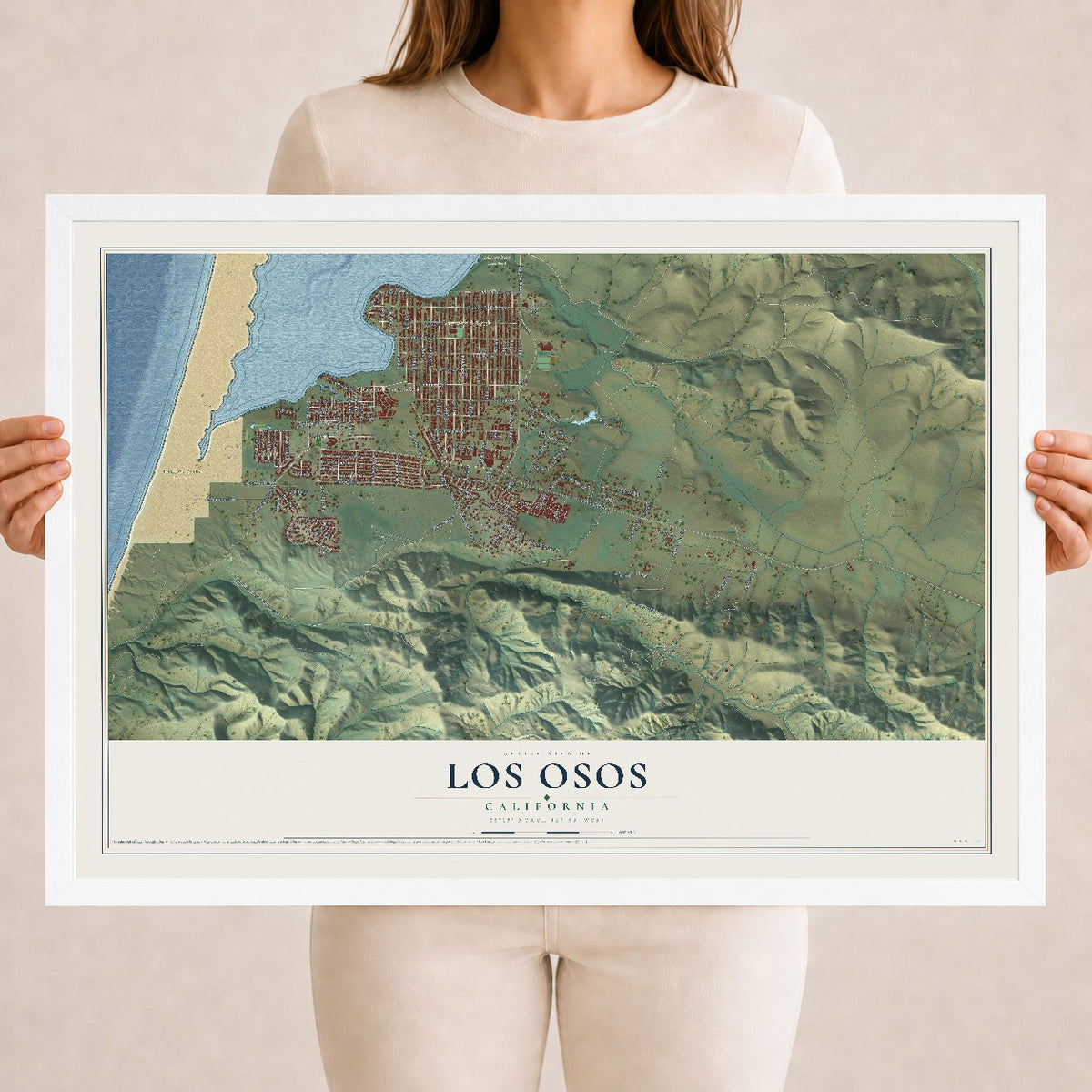 Map of Los Osos, California, 18 x 24 inch print in a white wood frame