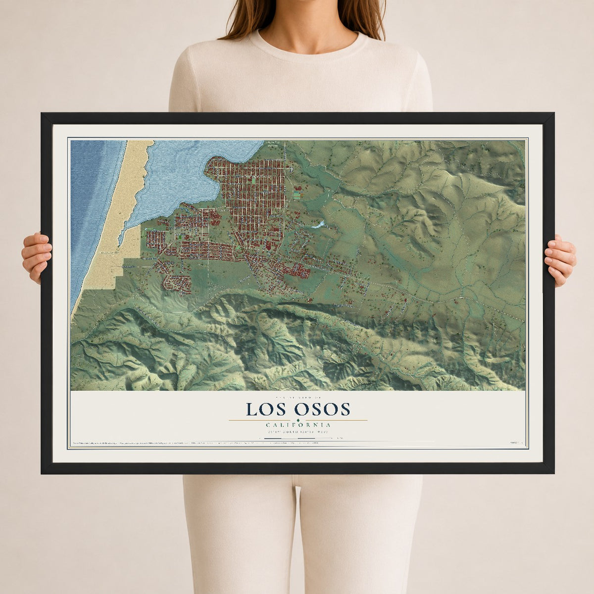 Map of Los Osos, California, 24 x 36 inch print in a black wood frame