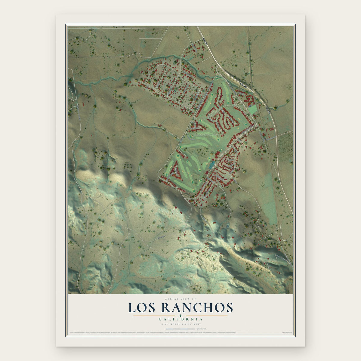 Los Ranchos, California map print, the full design