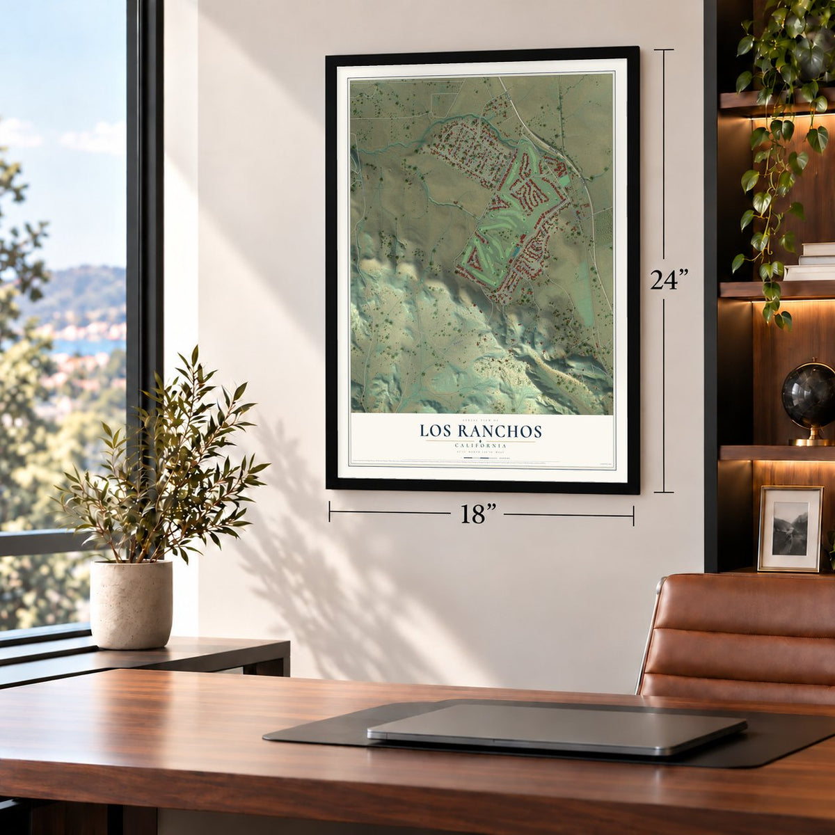 Los Ranchos, California map, 18 x 24 inch print in a black frame in a home office
