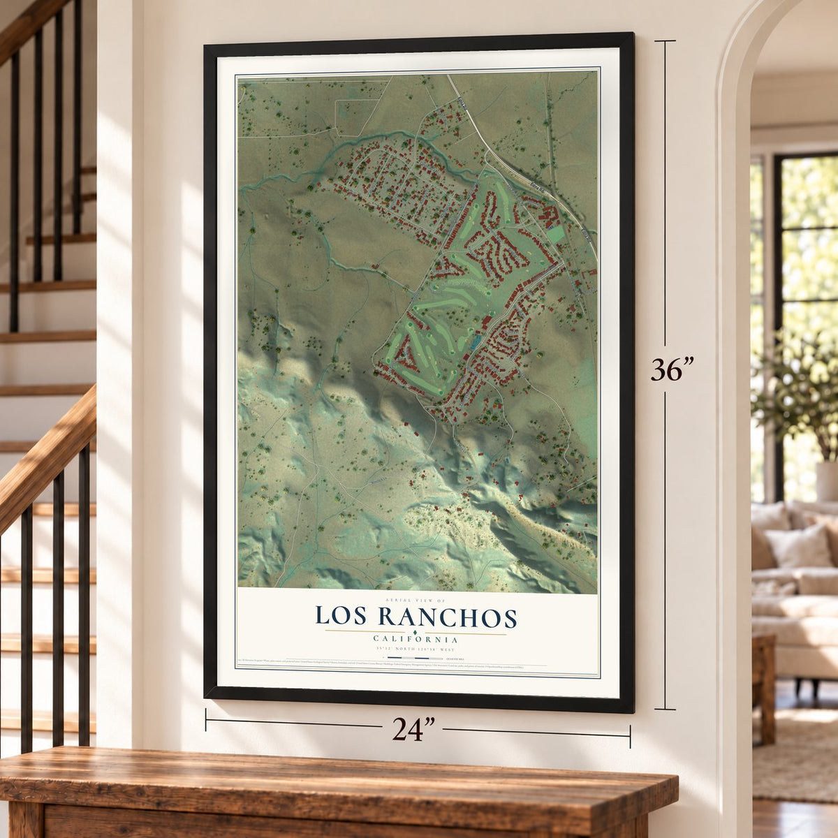 Los Ranchos, California map, 24 x 36 inch print in a black frame by a staircase