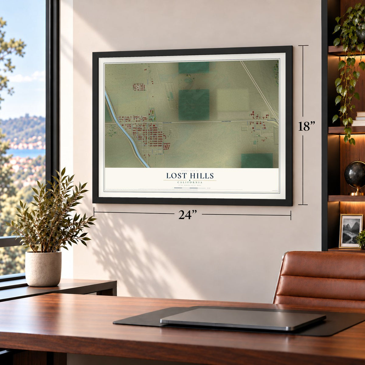 Lost Hills, California map, 18 x 24 inch print in a black frame in a home office