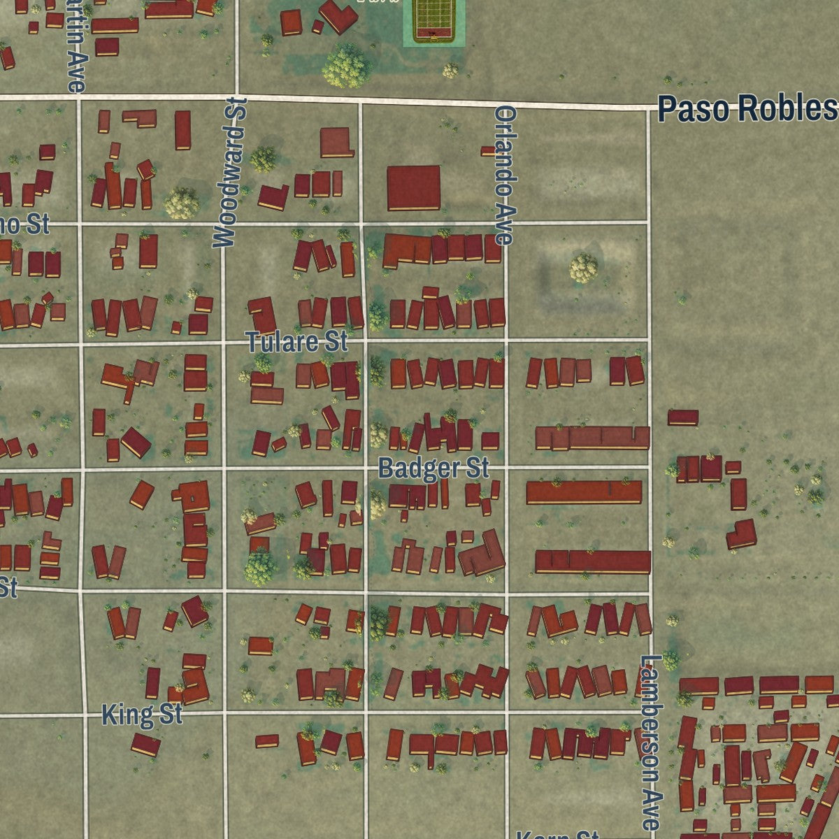 Close-up of the map of Lost Hills, California print showing street and building detail