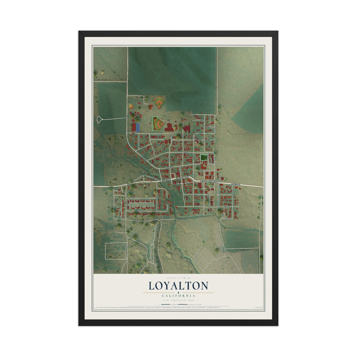 Map of Loyalton, California, 12 x 18 inch print in a black wood frame