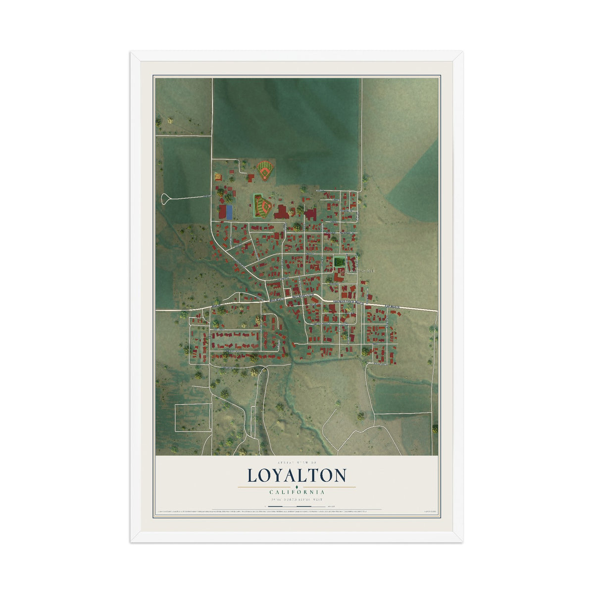 Map of Loyalton, California, 12 x 18 inch print in a white wood frame