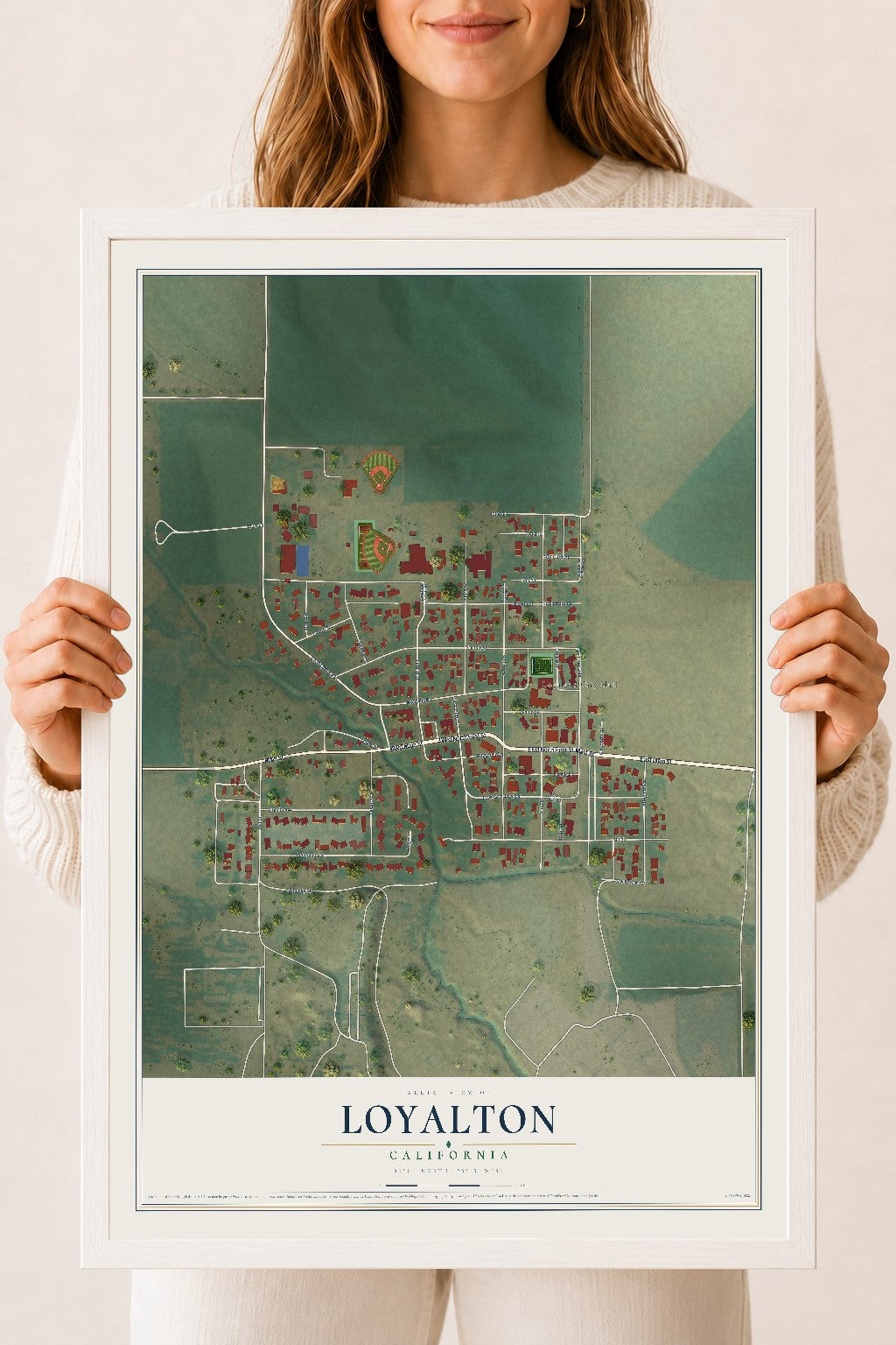 Map of Loyalton, California, 18 x 24 inch print in a white wood frame