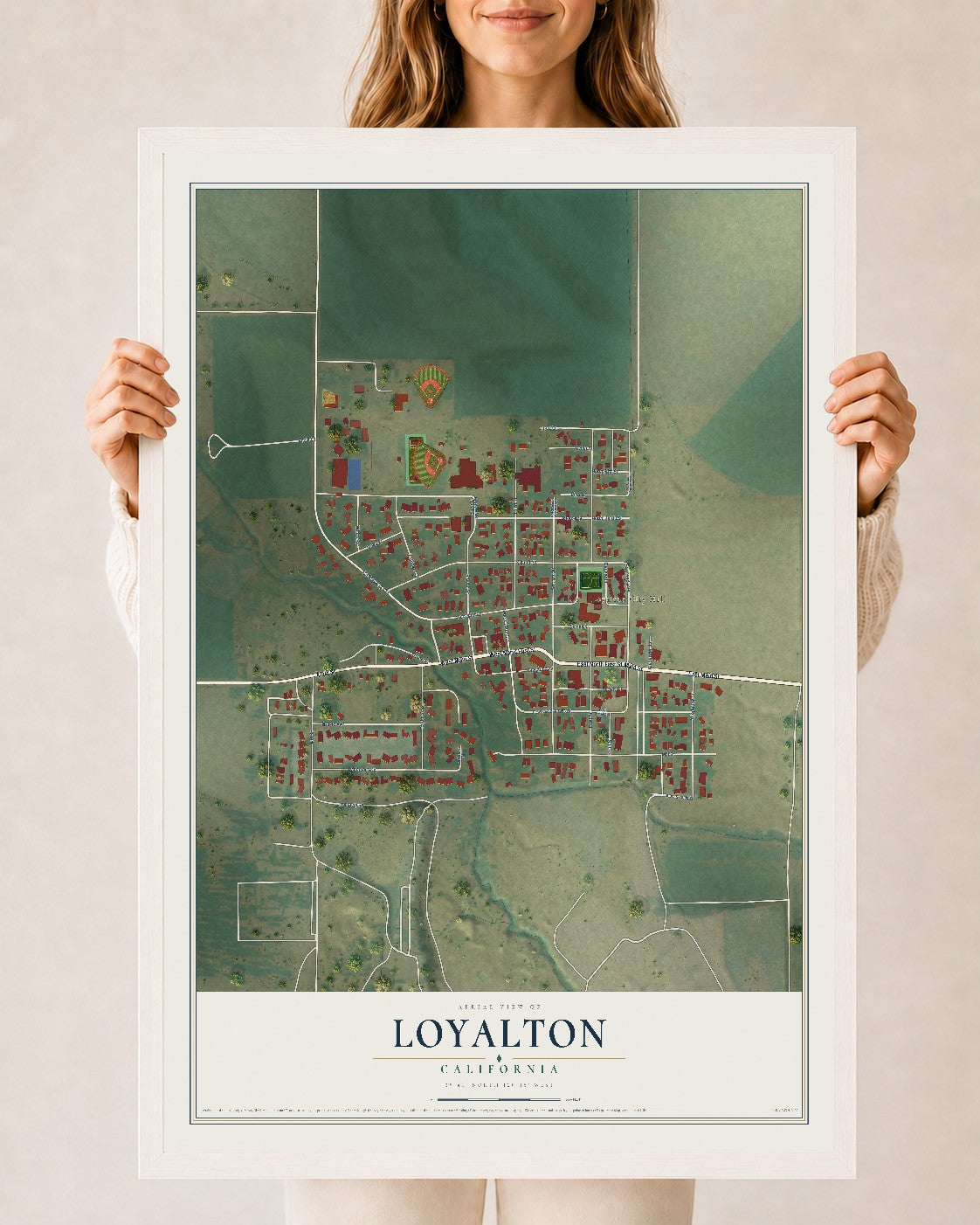 Map of Loyalton, California, 24 x 36 inch print in a white wood frame