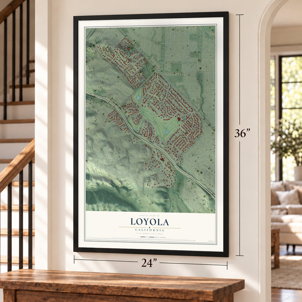 Loyola, California map, 24 x 36 inch print in a black frame by a staircase