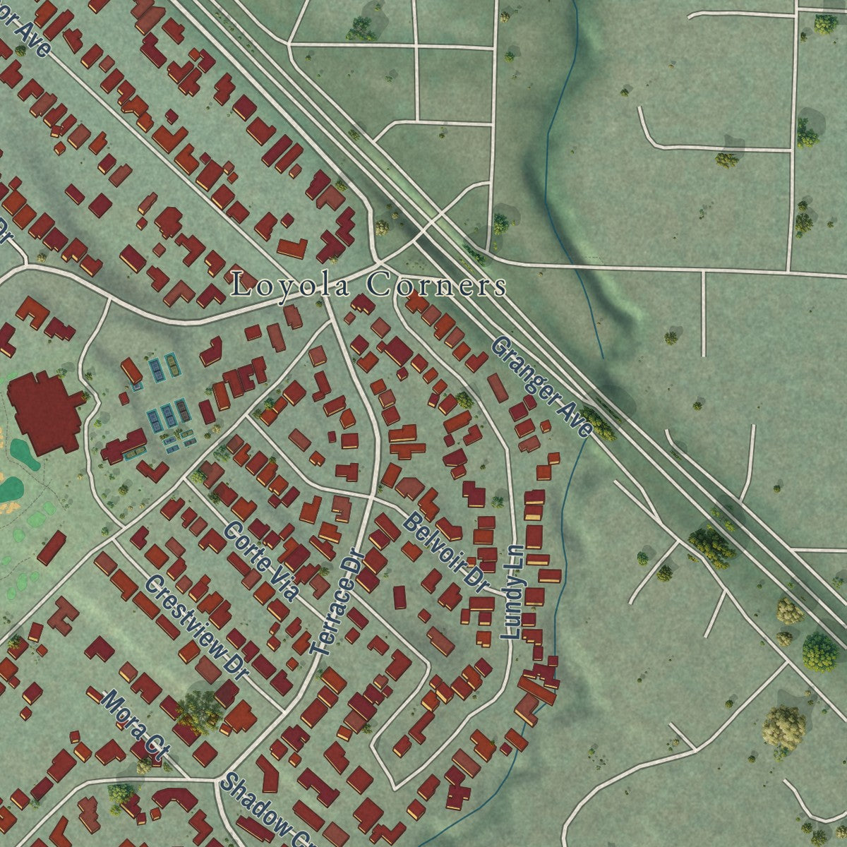 Close-up of the map of Loyola, California print showing street and building detail