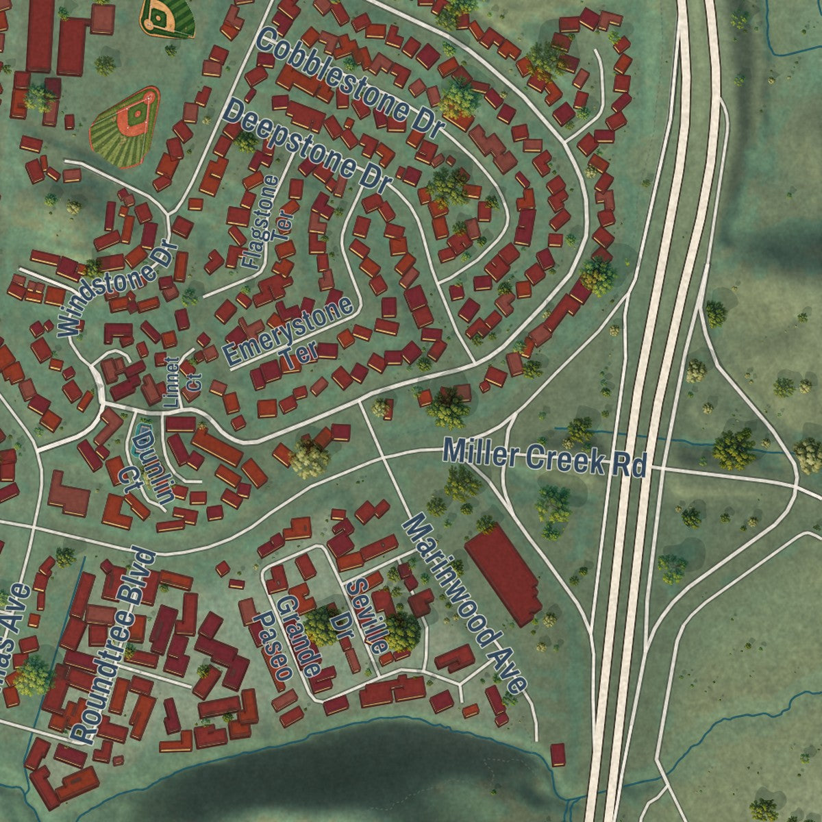 Close-up of the map of Lucas Valley-Marinwood, California print showing street and building detail