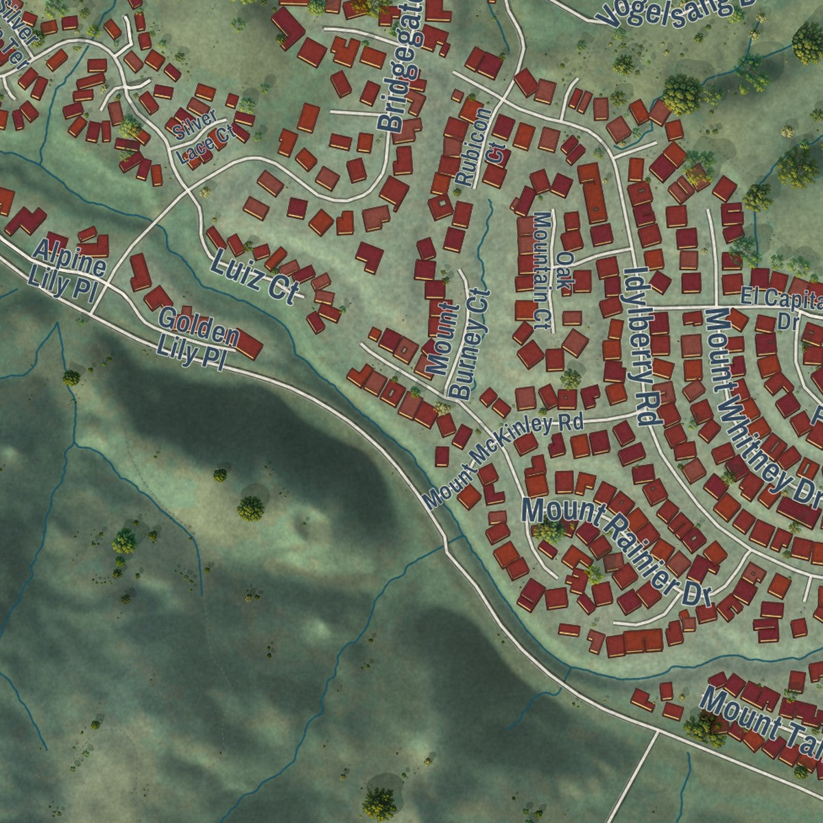 Second close-up of the map of Lucas Valley-Marinwood, California print showing more streets and buildings