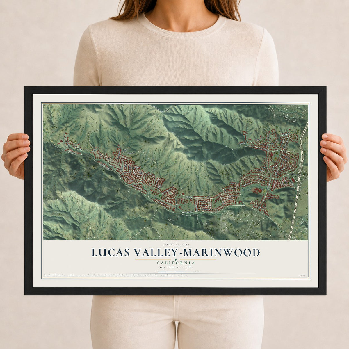 Map of Lucas Valley-Marinwood, California, 12 x 18 inch print in a black wood frame