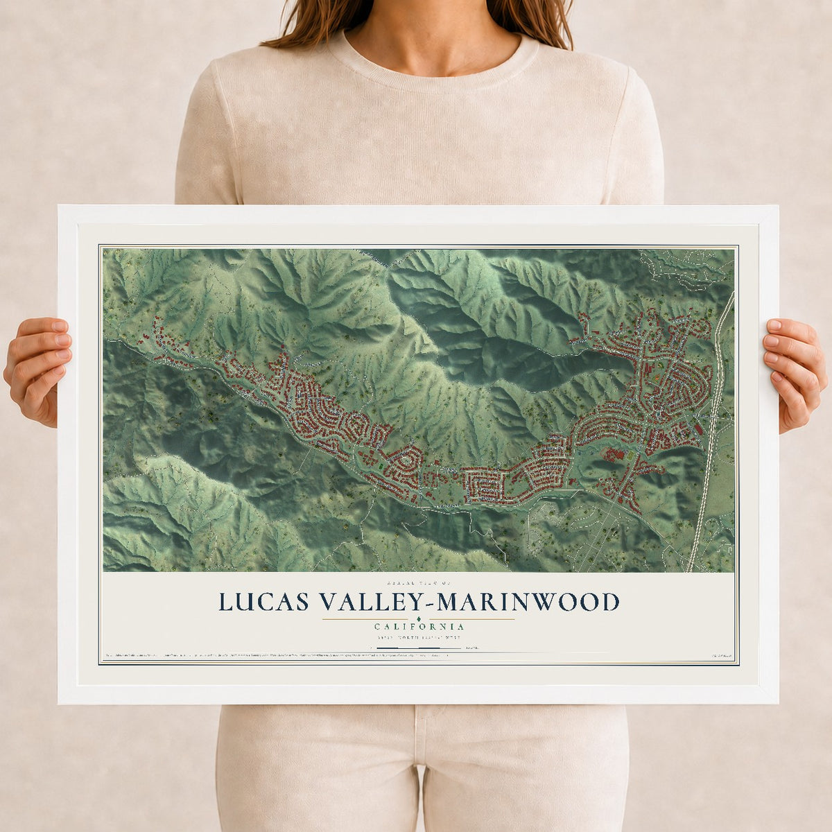 Map of Lucas Valley-Marinwood, California, 12 x 18 inch print in a white wood frame