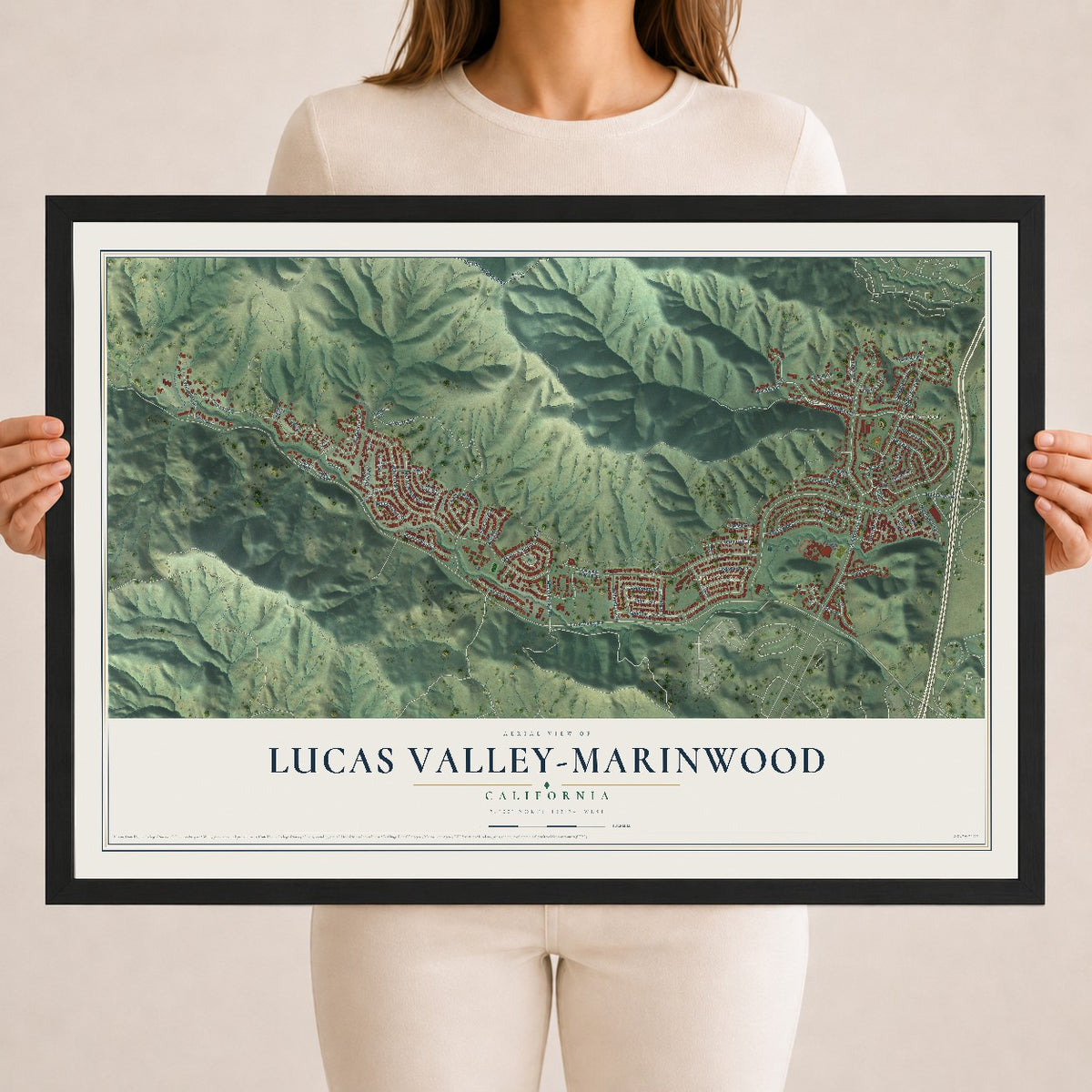 Map of Lucas Valley-Marinwood, California, 18 x 24 inch print in a black wood frame