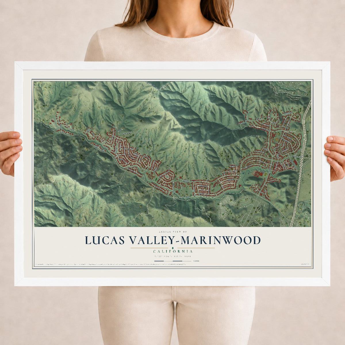 Map of Lucas Valley-Marinwood, California, 18 x 24 inch print in a white wood frame