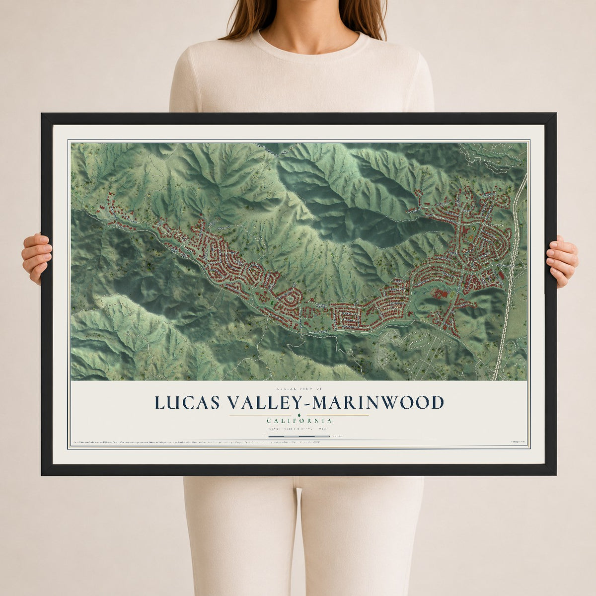 Map of Lucas Valley-Marinwood, California, 24 x 36 inch print in a black wood frame