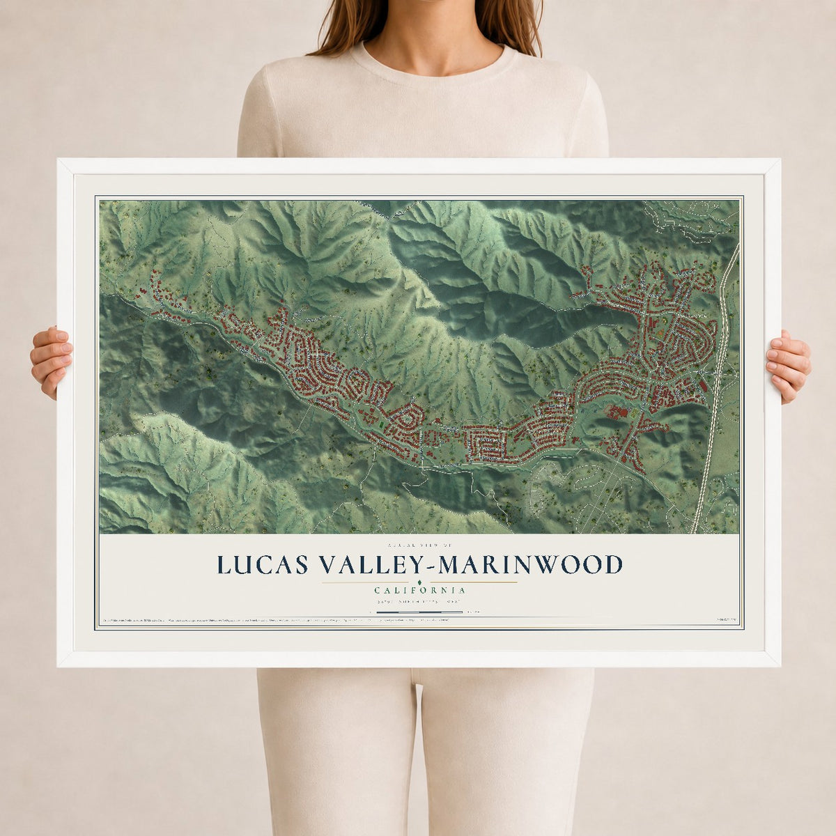 Map of Lucas Valley-Marinwood, California, 24 x 36 inch print in a white wood frame