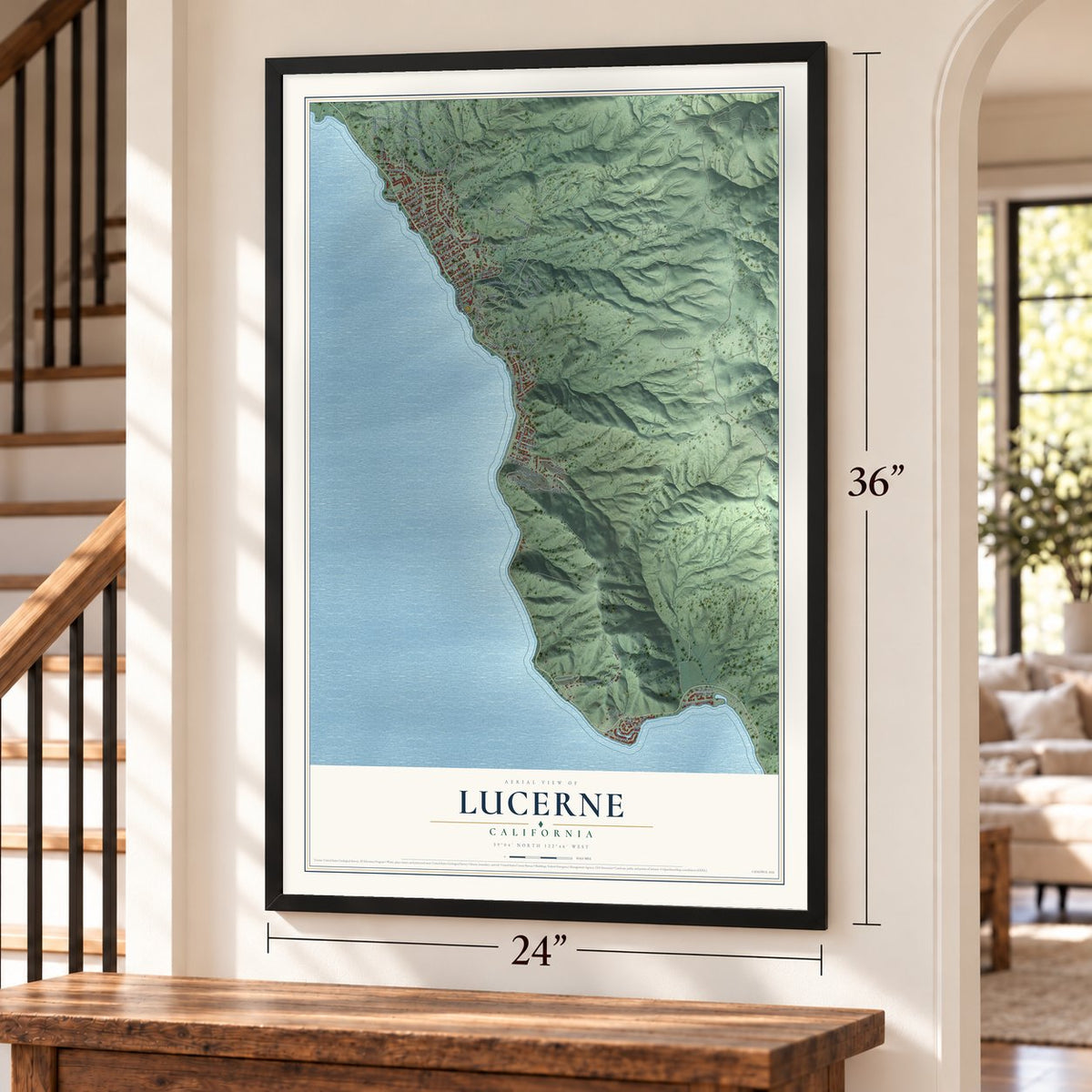 Lucerne, California map, 24 x 36 inch print in a black frame by a staircase