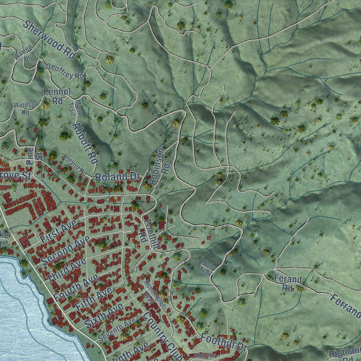 Close-up of the map of Lucerne, California print showing street and building detail