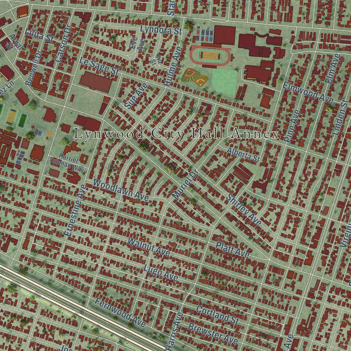 Close-up of the map of Lynwood, California print showing street and building detail