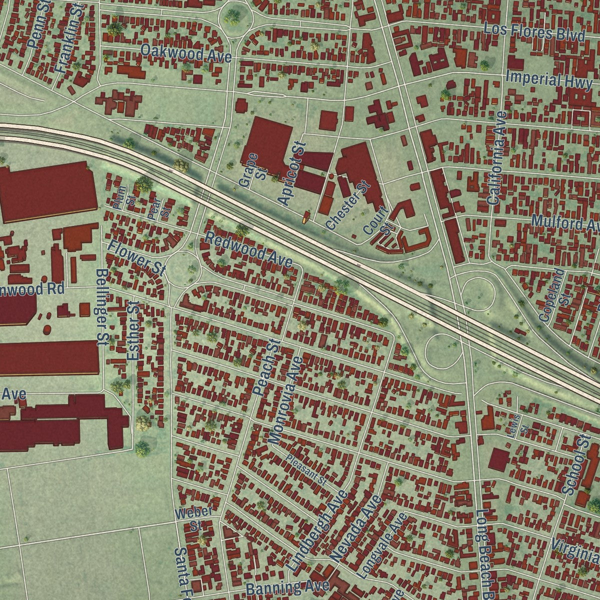 Second close-up of the map of Lynwood, California print showing more streets and buildings