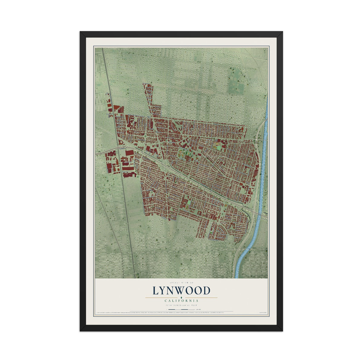 Map of Lynwood, California, 12 x 18 inch print in a black wood frame