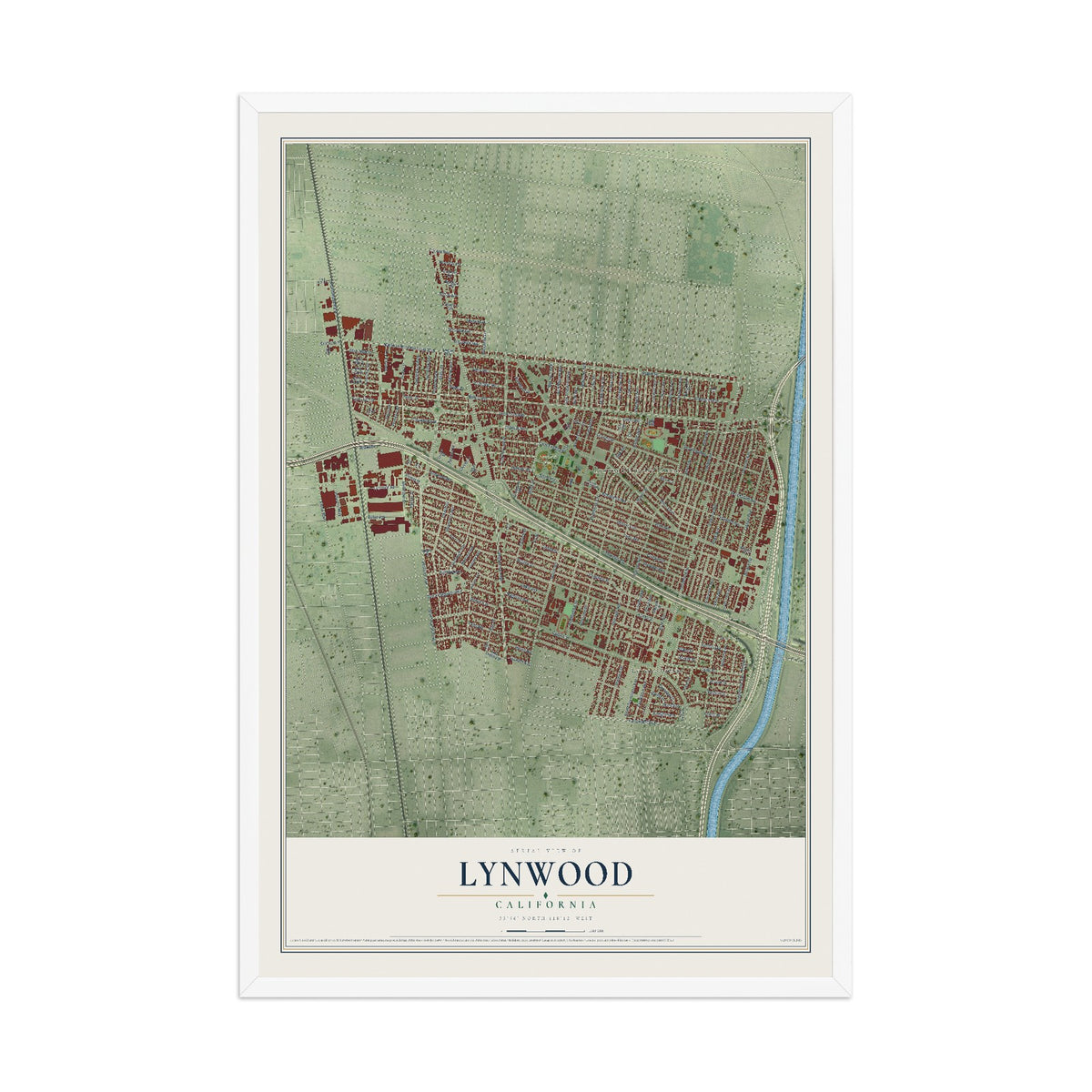 Map of Lynwood, California, 12 x 18 inch print in a white wood frame