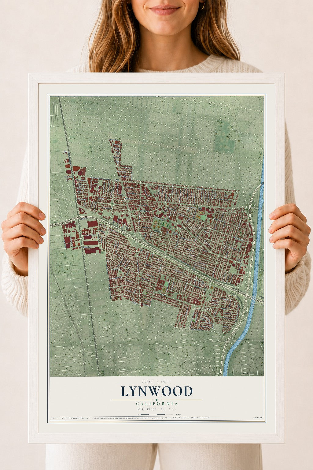 Map of Lynwood, California, 18 x 24 inch print in a white wood frame