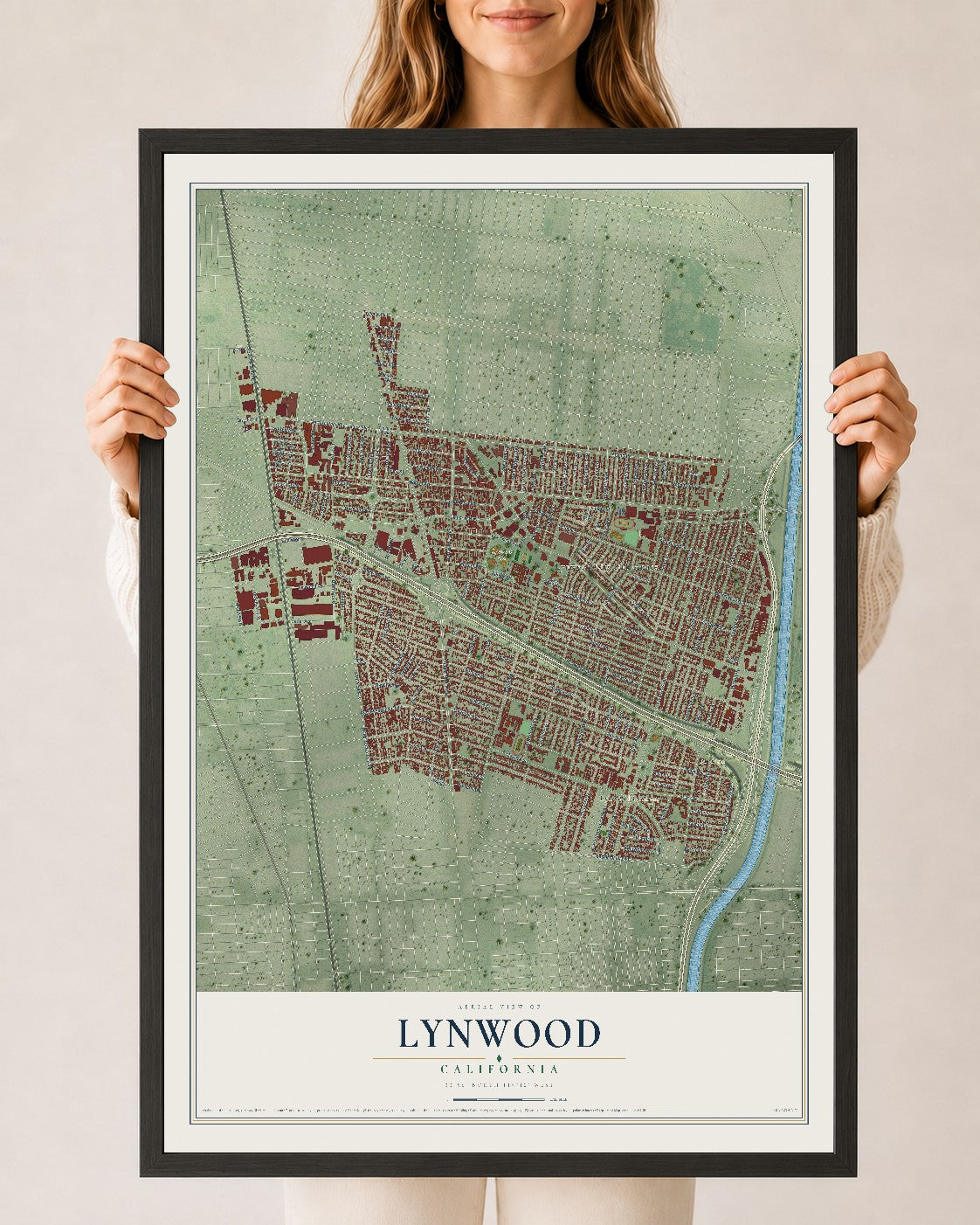 Map of Lynwood, California, 24 x 36 inch print in a black wood frame