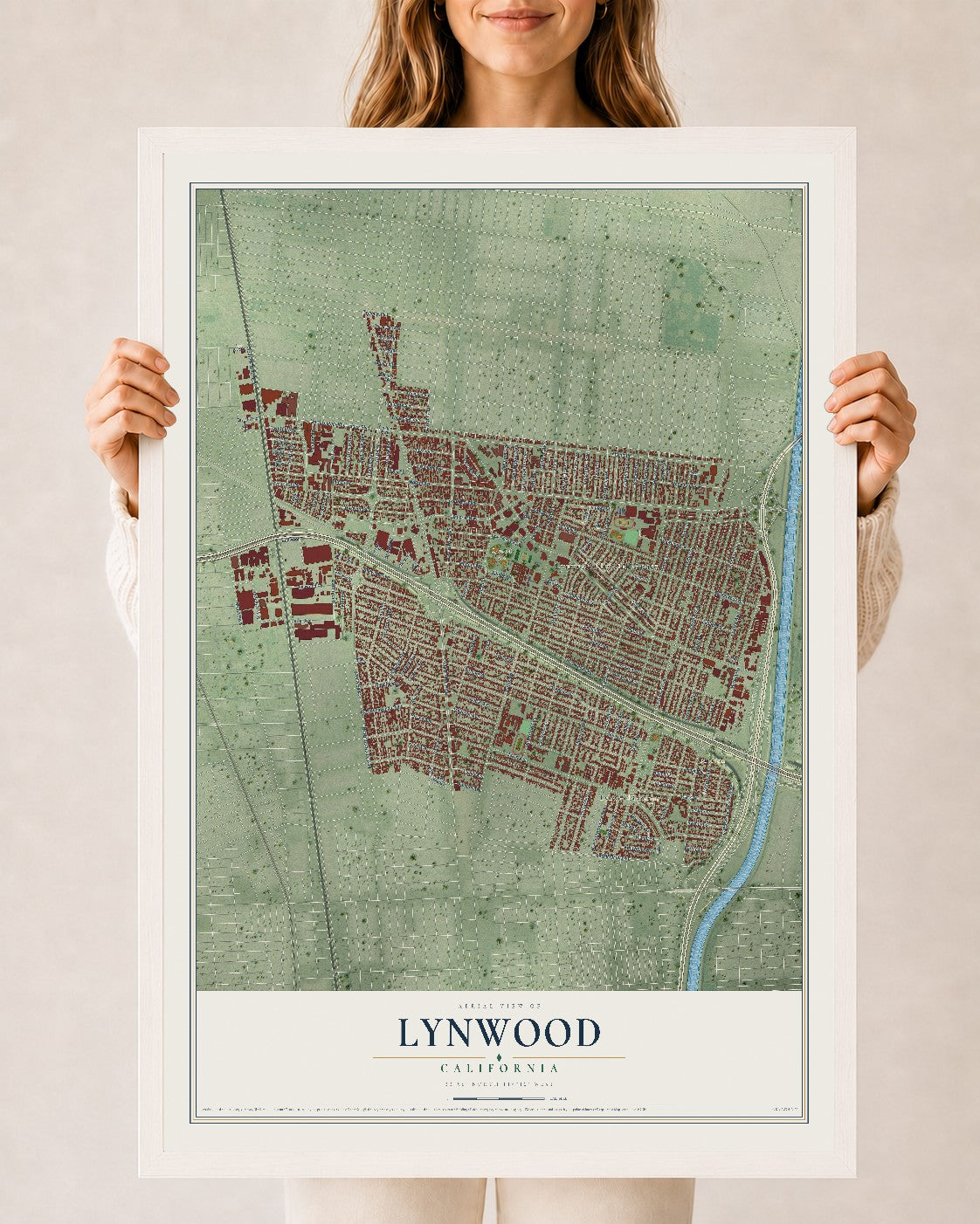 Map of Lynwood, California, 24 x 36 inch print in a white wood frame