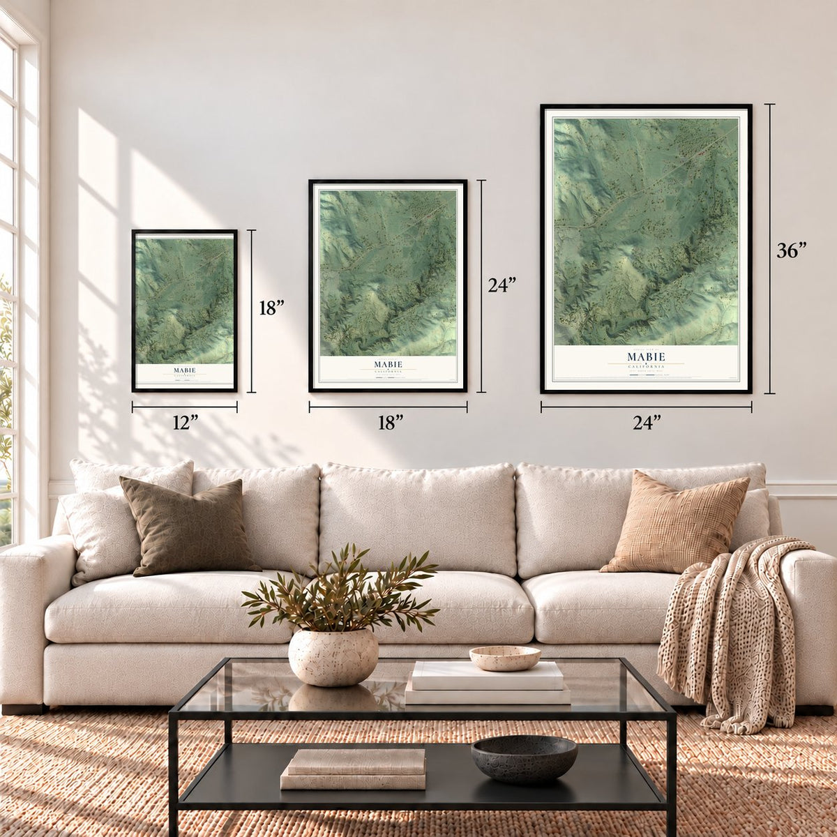 Mabie, California map in 12 x 18, 18 x 24 and 24 x 36 inch sizes above a sofa