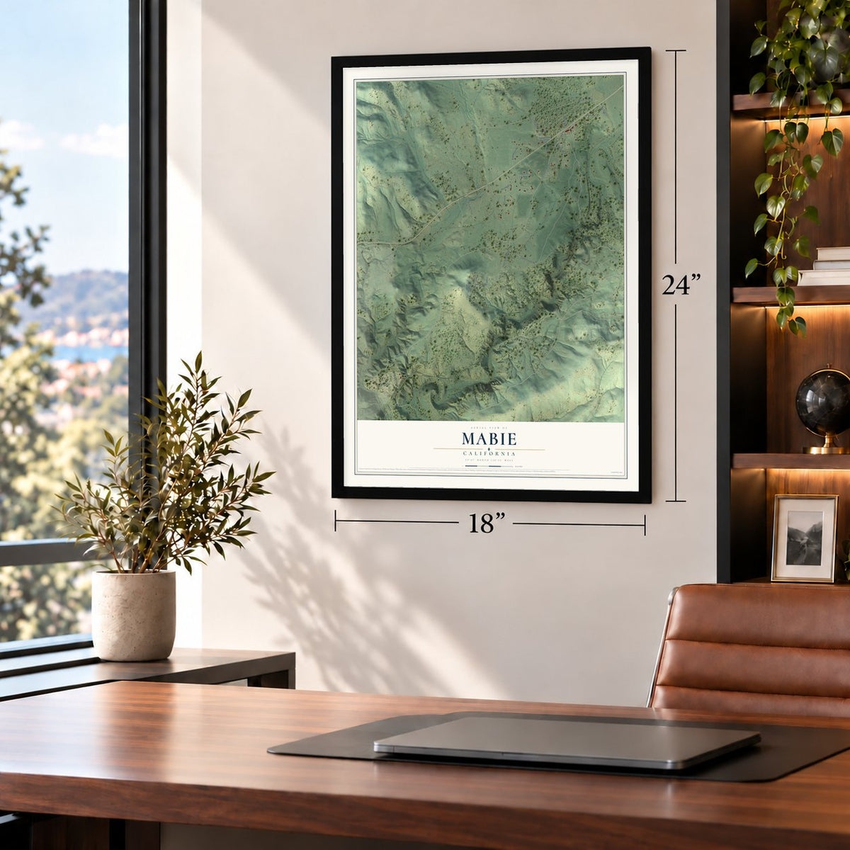 Mabie, California map, 18 x 24 inch print in a black frame in a home office
