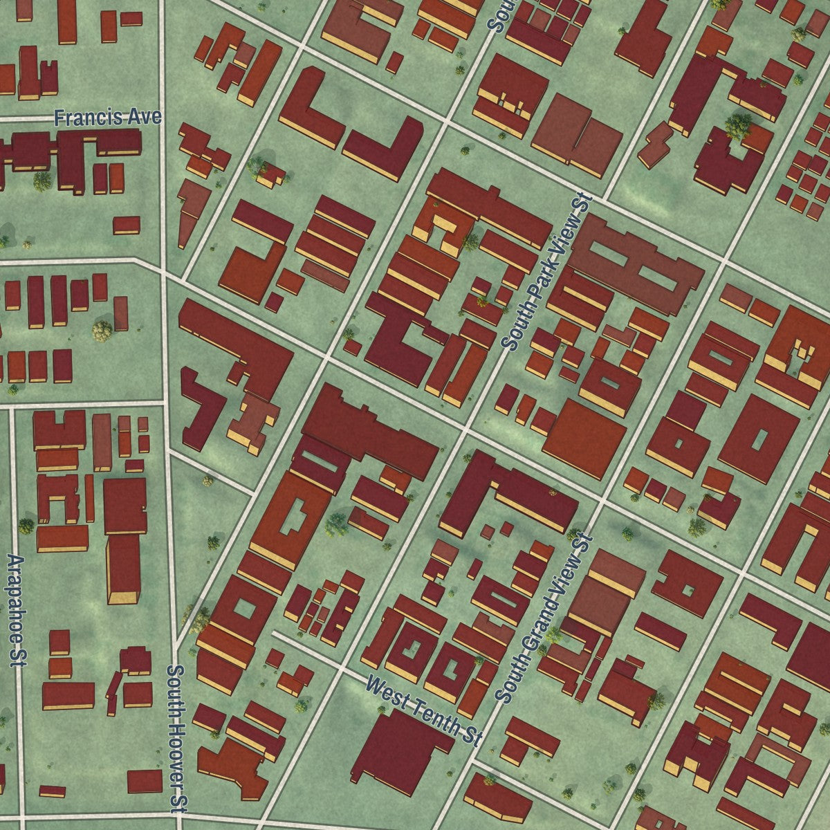 Close-up of the map of MacArthur Park, California print showing street and building detail