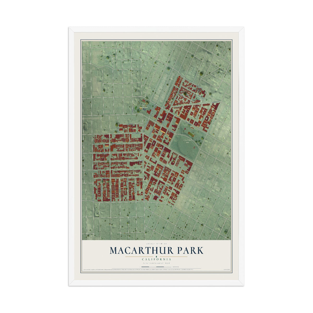 Map of MacArthur Park, California, 12 x 18 inch print in a white wood frame