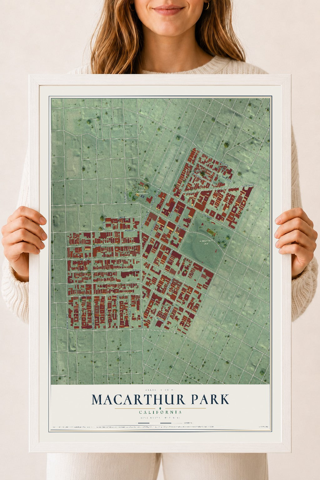 Map of MacArthur Park, California, 18 x 24 inch print in a white wood frame